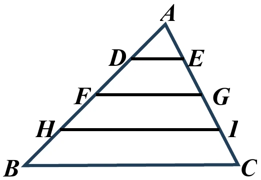 三角形，頂點 $A$ 在上，$B$ 左下、$C$ 右下。$\overline{AB}$ 上由上而下依序標示 $D$、$F$、$H$（將 $\overline{AB}$ 四等分的三個分點）；$\overline{AC}$ 上由上而下依序標示 $E$、$G$、$I$（將 $\overline{AC}$ 四等分的三個分點）。圖中畫有三條與 $\overline{BC}$ 大致平行的線段，由上而下依序連接 $D$–$E$、$F$–$G$、$H$–$I$。