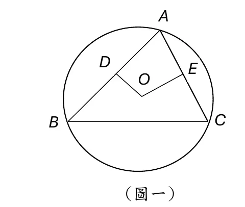 圓O，A在上方、B在左下、C在右下，O（圓心）位於三角形內部；線段AB、AC、BC構成三角形；D、E分別是O向AB、AC作垂線的垂足，圖中畫出OD、OE兩條線段，分別垂直AB、AC。