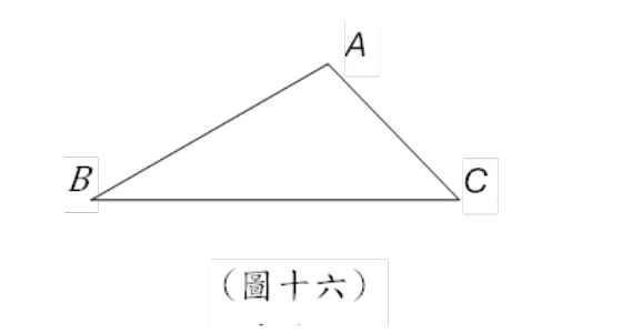 三角形ABC：B在左下、C在右下、A在頂端偏右（不在B、C連線中點正上方，較靠近C側）；圖上除三頂點標示外未見角度、邊長或其他標記。