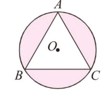 圓O，三角形ABC內接於圓（A在上、B左下、C右下），O點以實心點標示於三角形內部；弦AB、BC、CA外側的弓形（圓周與弦之間）以網底標示。