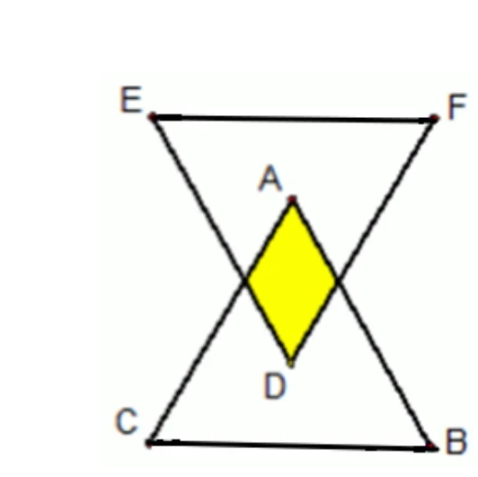 兩個正三角形交疊成沙漏狀：上方正三角形頂點E（左上）、F（右上）、D（下方，兩三角形交會處下方頂點）；下方正三角形頂點C（左下）、B（右下）、A（上方，兩三角形交會處上方頂點）；A在D的正上方，兩三角形中央重疊區域（菱形）以黃色標示。