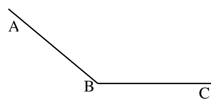 一個角∠ABC，頂點B在中間偏下，一邊向左上方延伸至A，另一邊向右延伸至C（BC接近水平方向）。圖上僅畫出∠ABC本身，未畫出D點或其他線段（D點待考生自行以尺規作圖畫出）。