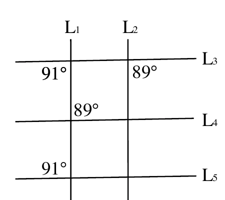 兩條鉛直線$L_1$、$L_2$（$L_1$在左、$L_2$在右）與三條水平線$L_3$、$L_4$、$L_5$（由上而下）相交。標示的角度：$L_1$與$L_3$的交點，左下方標$91°$；$L_2$與$L_3$的交點，右下方標$89°$；$L_1$與$L_4$的交點，右上方標$89°$；$L_1$與$L_5$的交點，左上方標$91°$。$L_2$與$L_4$、$L_2$與$L_5$的交點皆未標示角度。