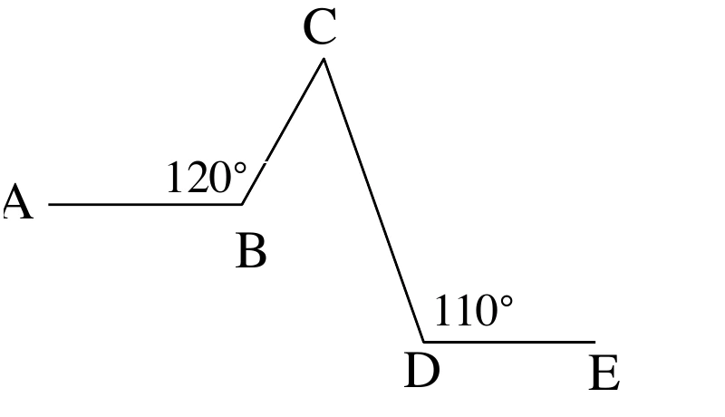 折線圖形：A在左方，水平線段A到B，$\angle ABC$標示$120°$（在B處，AB與BC之間）；B到C為往右上方的線段；C到D為往右下方的線段；D到E為水平線段，$\angle CDE$標示$110°$（在D處，CD與DE之間）。