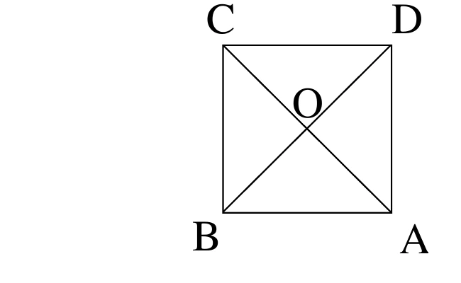 正方形，四個頂點依序標示C（左上）、D（右上）、B（左下）、A（右下）——注意標示順序為C、D、A、B並非常見的A、B、C、D順時針順序。對角線AC與BD畫出並相交於中央的O點。