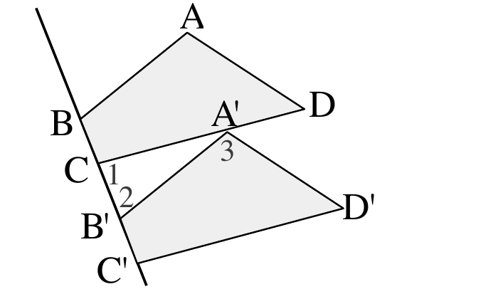 兩個形狀相同的四邊形（皆塗灰網底）：上方是 ABCD（A 在頂端、B 在左、C 在 B 的下方、D 在右），下方是 A′B′C′D′（A′ 在頂端偏左、B′ 在左、C′ 在 B′ 的下方、D′ 在右）。一條斜直線由左上往右下貫穿，依序通過 B、C、B′、C′ 四點，那就是平移的方向線。A′ 落在 CD 邊上——由 C 往右上的那條邊經過 A′ 再到 D。C 與 B′ 之間另有兩條線連到 A′，因此 C、B′、A′ 構成一個三角形：∠1 標在 C 點的右側，是這個三角形在 C 的內角（由 C 往 A′ 與 C 往 B′ 兩條邊夾成）；∠2 標在 B′ 點的右上方，是這個三角形在 B′ 的內角（由 B′ 往 A′ 與 B′ 往 C 兩條邊夾成）。 ∠3 標在 A′ 的右下方，夾在 A′ 往 D 與 A′ 往 D′ 兩條邊之間。