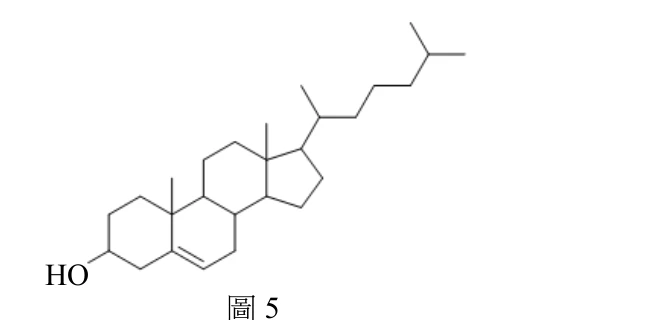 膽固醇的結構式：四個稠合的碳環（三個六圓環＋一個五圓環，固醇類典型的環戊烷多氫菲骨架），左下方環上標示HO（羥基取代），與HO相鄰的環上可見一個碳碳雙鍵（烯烴），骨架上另有兩處以短線標示的角甲基（CH3取代）；右上方五圓環上接出一條側鏈，側鏈上有一個甲基分支，末端再分支出兩個甲基（異丙基型態的末端），整體為長鏈碳氫側鏈。