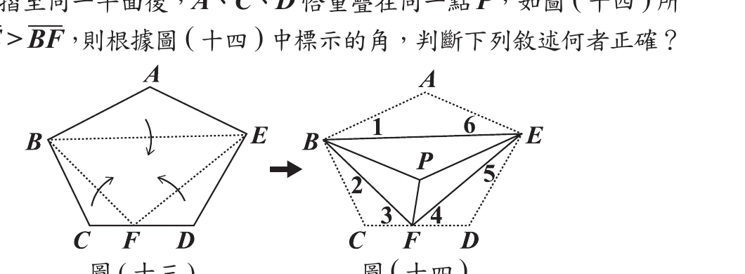 圖(十三)(十四)：五邊形ABCDE沿BE、BF、FE摺線內摺，A、C、D重合於P；圖十四標示B處∠1∠2、F處∠3∠4、E處∠5∠6