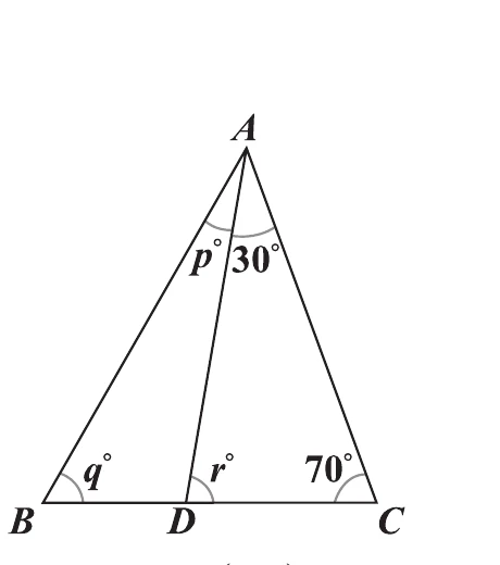 圖(二)：三角形ABC，A頂角被AD分成p°(左,∠BAD)與30°(右,∠DAC)，B處q°，D右側(∠ADC)為r°，C處70°