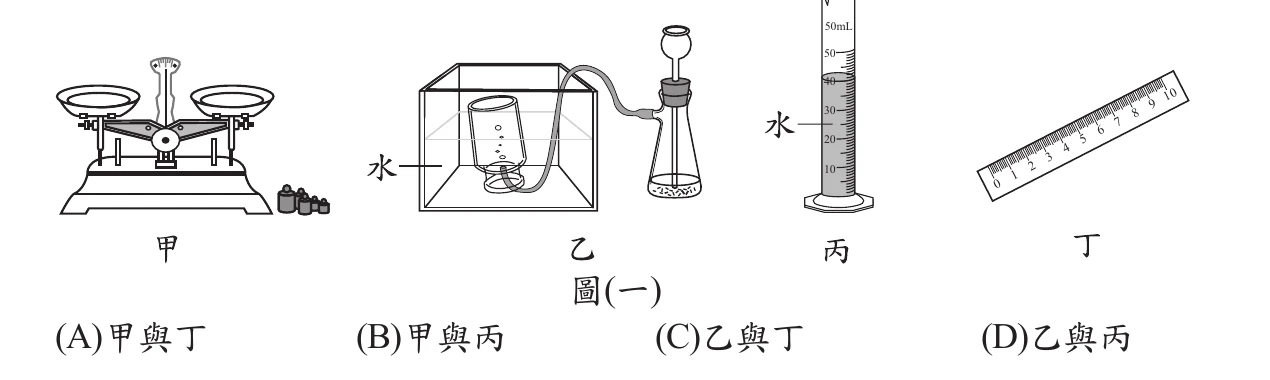 圖(一)：甲為天平，乙為排水集氣裝置(水箱+杯子+錐形瓶)，丙為裝水的50mL量筒，丁為直尺