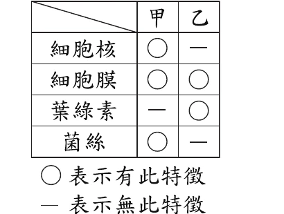 表(七)：甲有細胞核、細胞膜、菌絲，無葉綠素；乙無細胞核，有細胞膜、葉綠素，無菌絲