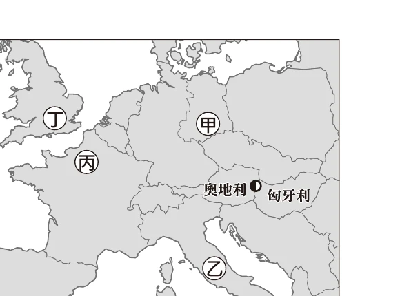 圖(十一)：中歐地圖，奧地利匈牙利位置標示，甲在其正上方(東德/波蘭方向)