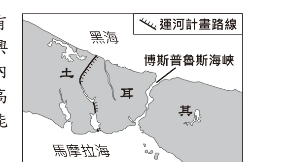 圖(十三)：土耳其地圖，黑海、馬摩拉海與博斯普魯斯海峽，另規劃一條平行的運河計畫路線