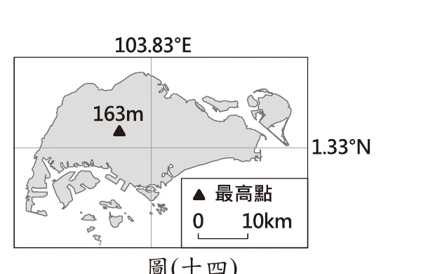 圖(十四)：座標103.83°E,1.33°N、最高點163m的國家地圖(新加坡)