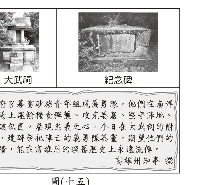 圖(十五)：大武祠與紀念碑照片，碑文記載高砂族義勇隊南洋戰場事蹟，高雄州知事撰