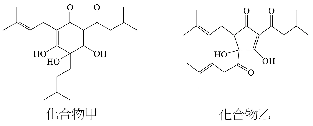圖6：化合物甲與化合物乙的結構式，兩者皆為弱酸，帶有羥基、羰基與異戊烯基側鏈