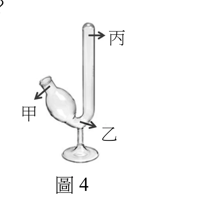 一支發酵管：左下方是一個梨形玻璃球（標示「甲」，箭號指向球體開口，是加入酵母菌與糖液的地方），球體底部連接一段細管立在底座上，右上方接出一段長直的封閉玻璃管（標示「丙」在管子上端，箭號指向管口；「乙」標在球體與直管的交接彎折處，箭號指向該處）。直管是密閉的，用來收集發酵產生、往上匯聚的氣體。