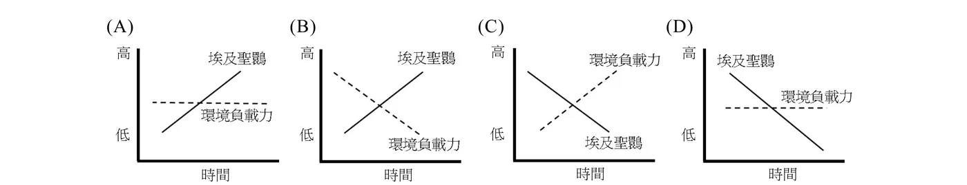 四張並列的示意折線圖，橫軸皆為「時間」，縱軸皆為「高／低」（無數值刻度），每張圖有一條實線代表「埃及聖䴉」數量、一條虛線代表「環境負載力」。(A)實線由低逐漸上升至高，虛線大致維持在中等高度水平不變，兩線於中途交叉，實線最終高於虛線。(B)實線由低逐漸上升、虛線由高逐漸下降，兩線於圖中央交叉成X形，實線最終高於虛線。(C)虛線（環境負載力）由高逐漸下降、實線（埃及聖䴉）由低逐漸上升，兩線於圖中央交叉，最終實線（埃及聖䴉）高於虛線（環境負載力）。(D)實線（埃及聖䴉）由高逐漸下降，虛線（環境負載力）大致維持在中低水平不變，兩線逐漸接近但實線持續下降、終值仍略高於或貼近虛線。