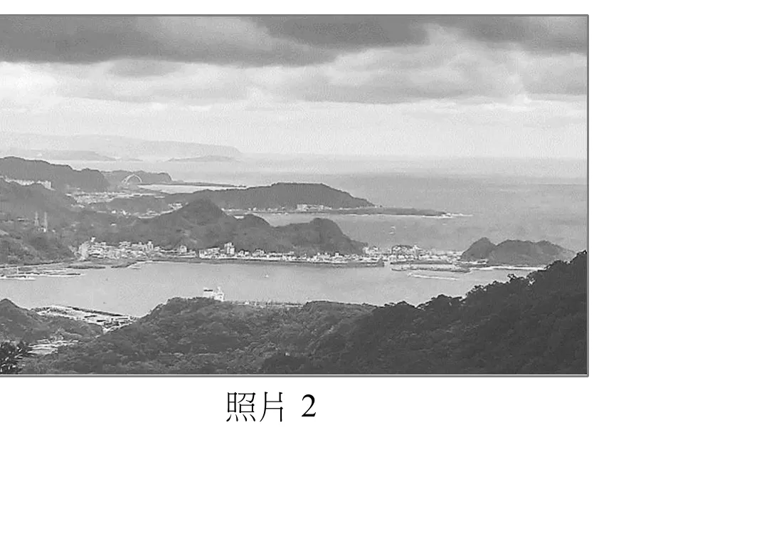 從高處俯瞰的黑白海岸景觀照片，天空布滿層積雲並透出光線。中景與遠景可見數個突出海面的丘陵狀岬角與其間內凹的海灣交錯排列，海岸線曲折不規則，呈現一連串岬角與海灣相間的鋸齒狀輪廓；一處海灣內可見聚落與港口設施沿灣岸分布，並有一座拱形橋樑跨越水域。前景為林木茂密的山坡稜線向下延伸至海岸，遠方海面平靜、隱約可見海上突出的礁岩或小島輪廓。整體地形顯示海岸由多個岬角與其間的海灣相間組成，而非單一長條狀潟湖或深切峽灣。