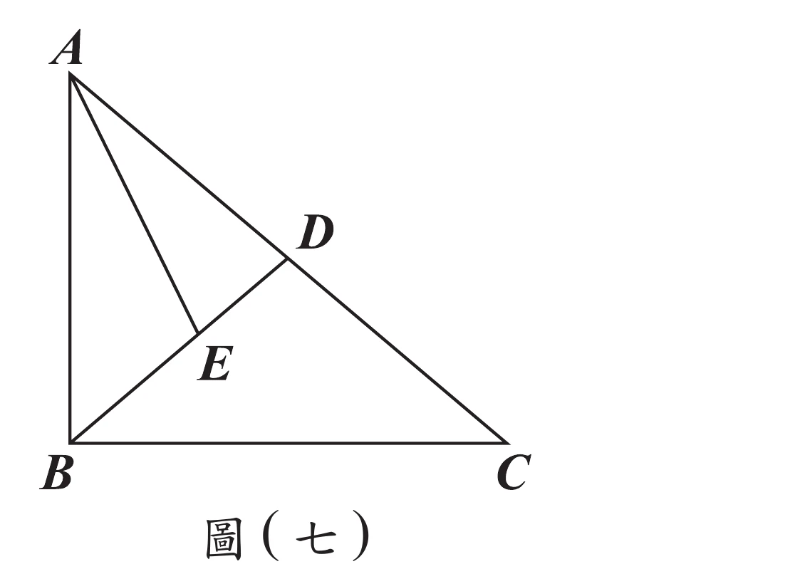 直角三角形ABC，B為直角頂點（左下角），A在左上方，C在右下方。AC為斜邊，其中點D標示在AC上（靠右上方）。圖中另外畫出兩條線段：B到D的線段（cevian），以及A到E的線段，E是這條線與BD的交點，位於三角形內部、D的左下方。