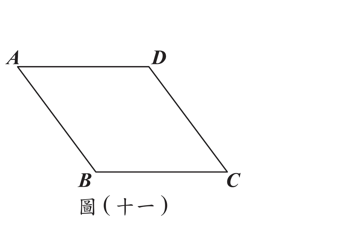 平行四邊形ABCD，A在左上、D在右上、B在左下、C在右下，四邊AD（上）、BC（下）、AB（左側斜邊）、DC（右側斜邊）依序連接，構成平行四邊形外框，圖中未畫出對角線。