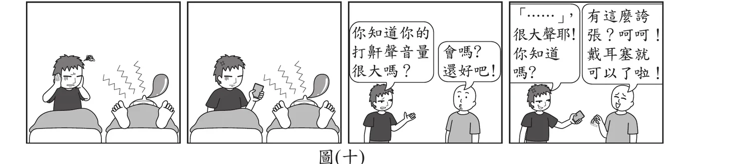 圖(十)：四格漫畫。第1格：小忠躺在床上摀著耳朵一臉困擾，一旁大勇熟睡打鼾、頭部旁畫出鋸齒狀音波符號。第2格：小忠拿著手機對著熟睡的大勇錄音／測量音量，音波符號同樣畫在大勇頭部旁。第3格：兩人皆坐起對話，大勇說「你知道你的打鼾聲音量很大嗎？」小忠回答「會嗎？還好吧！」。第4格：小忠拿著手機(顯示數據)對大勇說「「……」，很大聲耶！你知道嗎？」，大勇回應「有這麼誇張？呵呵！戴耳塞就可以了啦！」。
