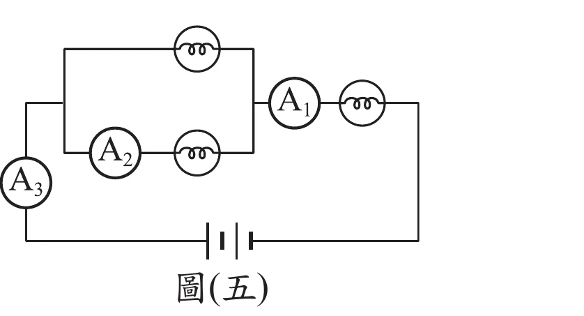 圖(五)：一電路圖，最下方為電池(以一長一短平行線表示)。電池左端接到最左側標示A3的安培計符號，A3向上連接到一個節點後分成兩條並聯支路：上方支路依序接一個燈泡符號(圈內畫兩條交叉線)後，向右接到標示A1的安培計、再接另一個燈泡符號，最後接回右側垂直導線；下方支路則接標示A2的安培計與一個燈泡符號後，同樣併入右側垂直導線，該垂直導線再向下接回電池右端，構成一個含A1、A2、A3三個安培計與燈泡的迴路。