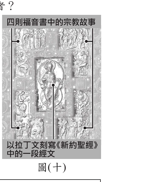 博物館展出文物照片：一件長方形銀質雕飾聖像牌，上方標示「四則福音書中的宗教故事」並以線條指向牌面四角的浮雕人物場景，中央長方形聖像框內為一尊立姿人物浮雕，並標示「以拉丁文刻寫《新約聖經》中的一段經文」指向聖像框中央。