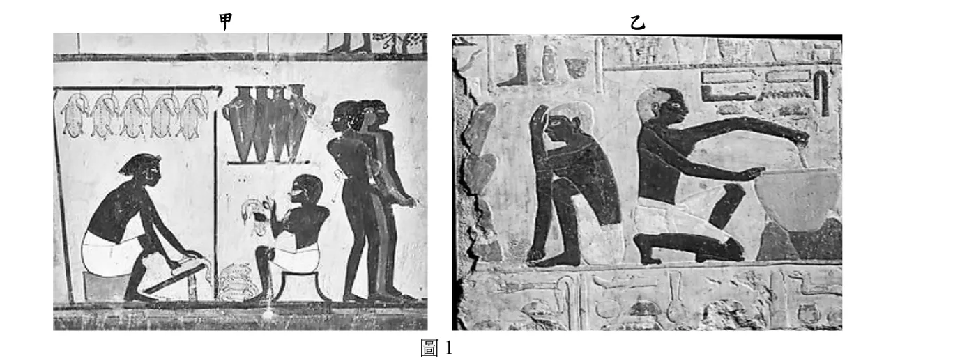 圖1為埃及考古出土的墓室壁畫黑白照片，分甲、乙兩幅。甲圖：牆面上方懸掛數尾魚乾與並排數個陶罐容器，兩名蹲坐僕人正在處理禽肉、調理食材，一旁另有兩名站立的人物；乙圖為石雕浮雕，兩名僕人蹲跪操作，右側僕人雙手正推壓、調製容器中的物料，呈現準備醬汁與製作麵包的勞動場景。